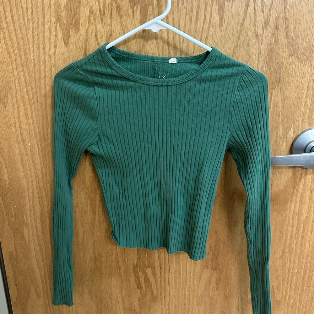 Green Ribbed Long Sleeve Top